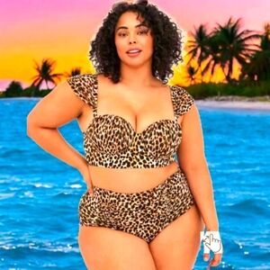 TORRID Retro Chic Cheetah Print Underwire Swim Top & High Rise Ruched Breifs 3X